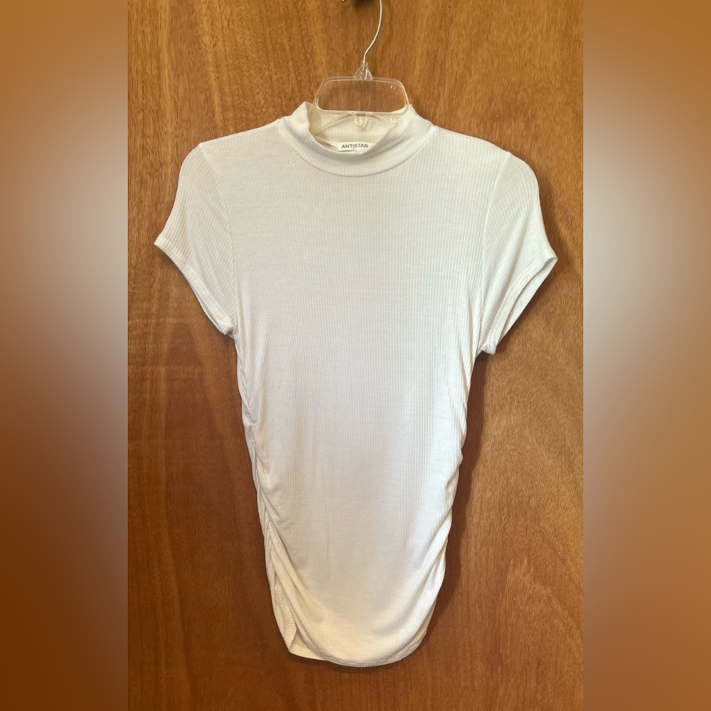 White Mock Neck Ribbed Ruched Top